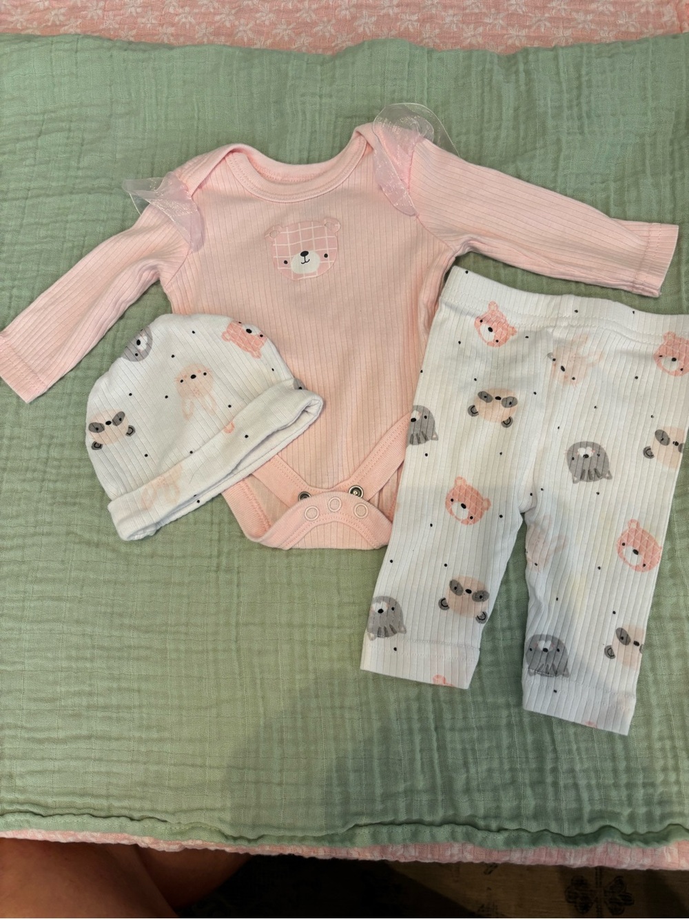 Pink Bear Ribbed Baby Matching Set with Hat and Pants